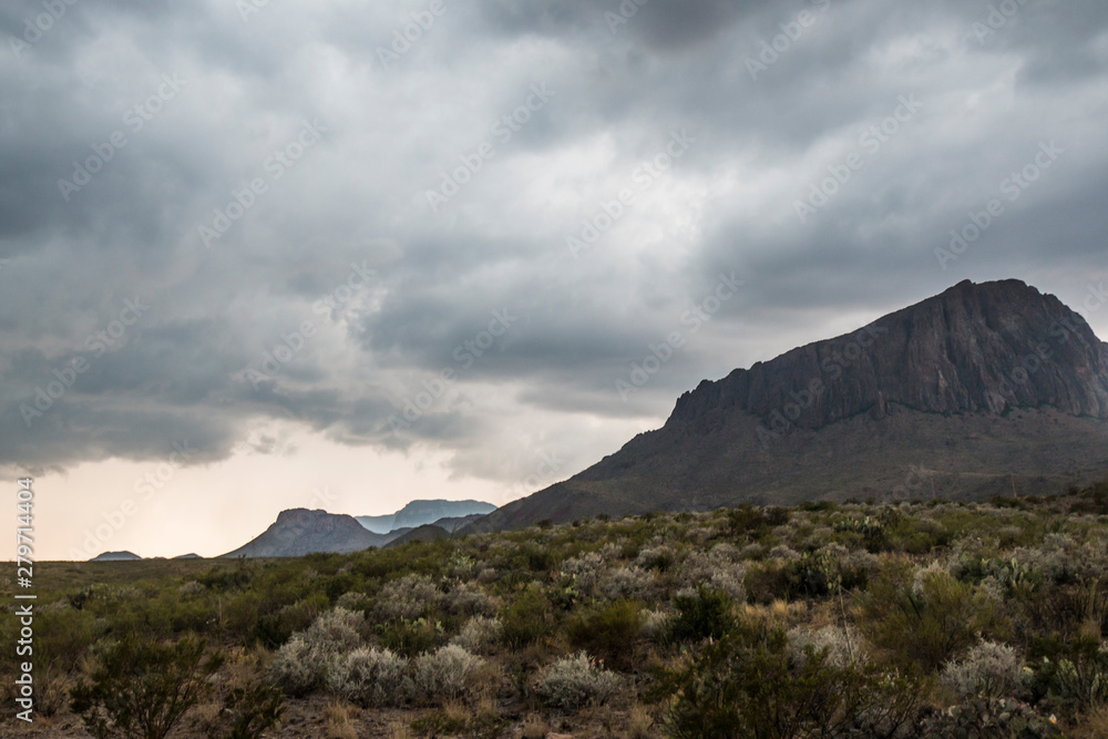 Landscape view of a thunderstorm passing through Big Bend National Park in Texas.