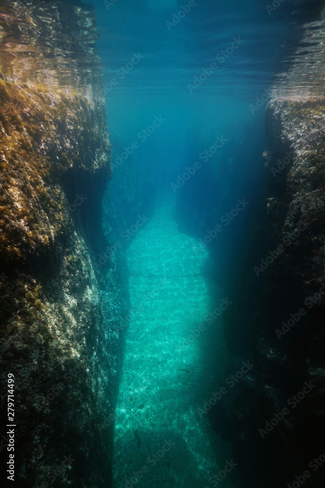 Crevice between large rocks underwater, Mediterranean sea, Spain, Costa Brava, Aigua Xelida, Palafrugell, Catalonia