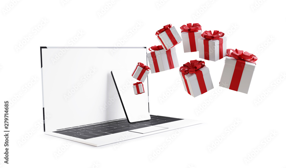 christmas presents online computer isolated on white 3d-illustration