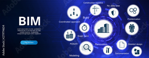 Building information modeling. Bim banner with keywords and icons, website banner template.  The concept of business. Vector illustration concept with icons and keywords. Bim background
