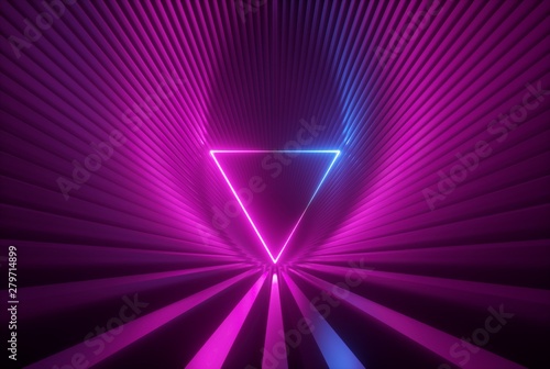 3d render, pink blue neon abstract background with glowing triangle, ultraviolet light, laser show, wall reflection, triangular shape © wacomka