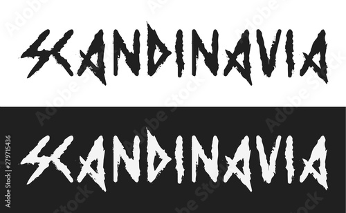 Scandinavia, Vector text label in dark style with the ancient viking alphabet white and black style isolated. Creative caption demonstrates the severity and coldness of the Scandinavian Vikings