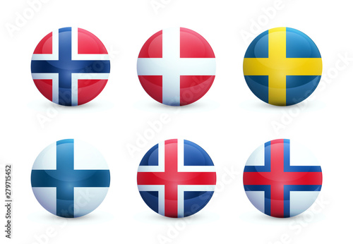 Set of round shiny spheres with national flags of scandinavian countries. Norwegian, Swedish and Danish flags isolated white background. These emblems are good for use in applications and on websites.