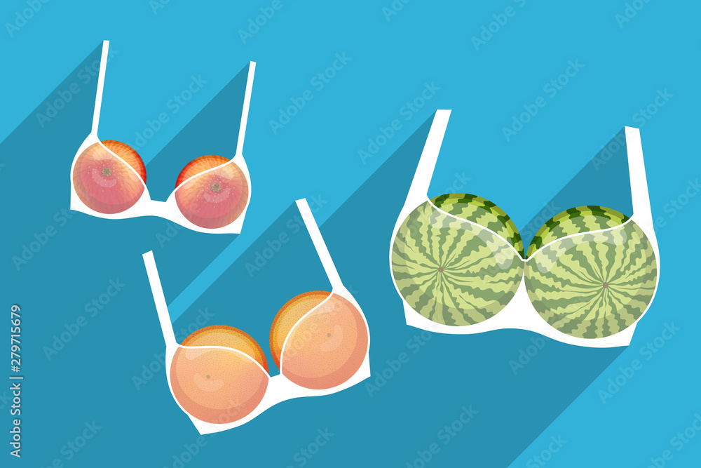 Brassieres with fruits inside. Different bra sizes Stock Vector