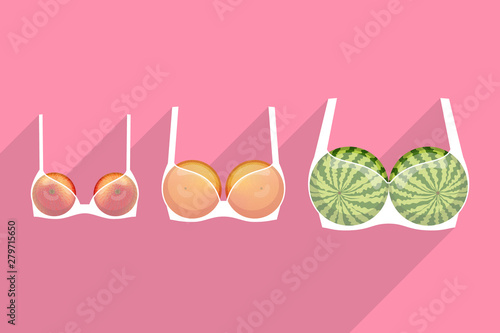 Brassieres with fruits inside. Different bra sizes