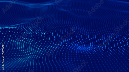 3d futuristic illustration. Digital landscape for presentations. Big data techno background with glowing dots. Sound wave. Technology background.