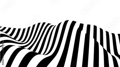 Optical illusion wave. Abstract 3d black and white illusions. Horizontal lines stripes pattern or background with wavy distortion effect. Vector illustration.