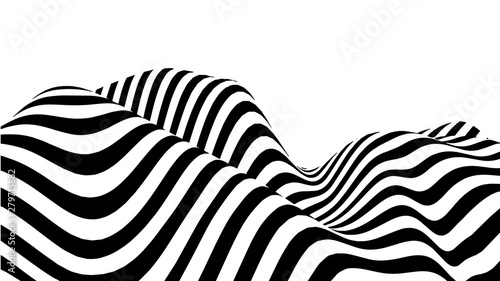 Optical illusion wave. Abstract 3d black and white illusions. Horizontal lines stripes pattern or background with wavy distortion effect. Vector illustration.