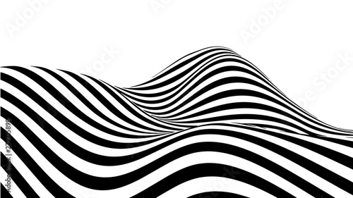 Optical illusion wave. Abstract 3d black and white illusions. Horizontal lines stripes pattern or background with wavy distortion effect. Vector illustration.