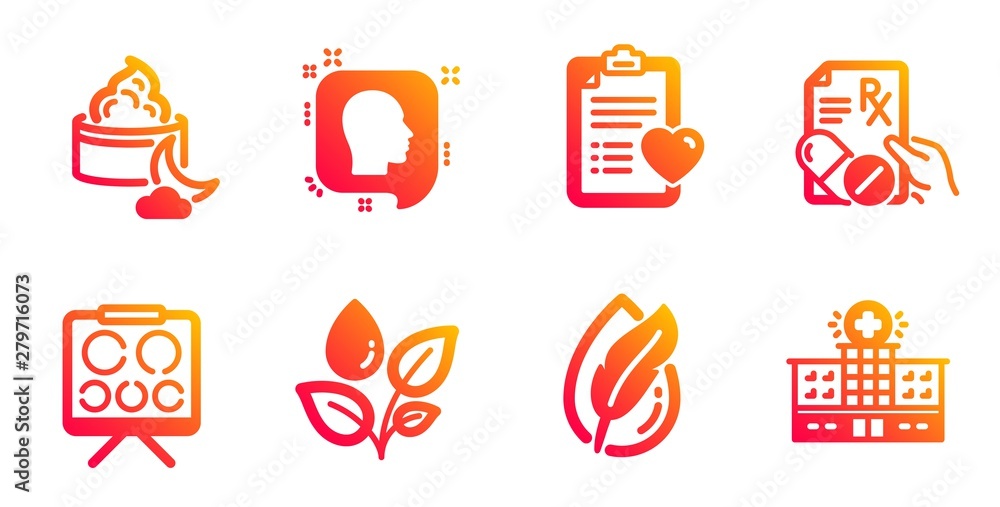 Prescription drugs, Patient history and Night cream line icons set. Plants watering, Head and Vision board signs. Hypoallergenic tested, Hospital building symbols. Pills, Medical survey. Vector