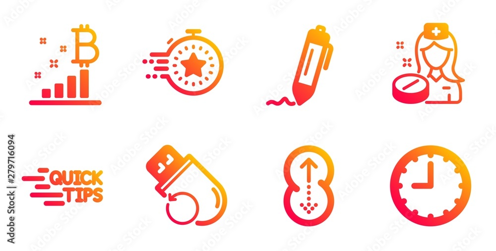 Bitcoin graph, Swipe up and Nurse line icons set. Flash memory, Education and Signature signs. Timer, Time symbols. Cryptocurrency analytics, Scrolling page. Science set. Vector