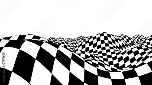 Optical illusion wave. Chess waves board. Abstract 3d black and white illusions. Horizontal lines stripes pattern or background with wavy distortion effect. Vector illustration.