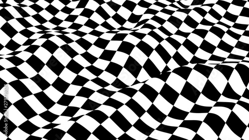 Optical illusion wave. Chess waves board. Abstract 3d black and white illusions. Horizontal lines stripes pattern or background with wavy distortion effect. Vector illustration.