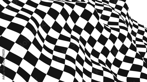 Optical illusion wave. Chess waves board. Abstract 3d black and white illusions. Horizontal lines stripes pattern or background with wavy distortion effect. Vector illustration.