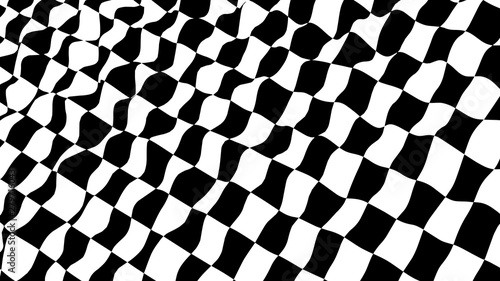 Optical illusion wave. Chess waves board. Abstract 3d black and white illusions. Horizontal lines stripes pattern or background with wavy distortion effect. Vector illustration.