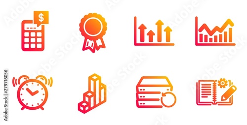 Recovery server, Alarm clock and Infochart line icons set. Calculator, 3d chart and Upper arrows signs. Success, Engineering documentation symbols. Backup data, Time. Education set. Vector