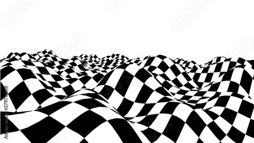 Optical illusion wave. Chess waves board. Abstract 3d black and white illusions. Horizontal lines stripes pattern or background with wavy distortion effect. Vector illustration.