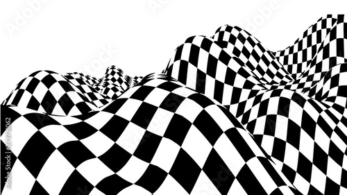 Optical illusion wave. Chess waves board. Abstract 3d black and white illusions. Horizontal lines stripes pattern or background with wavy distortion effect. Vector illustration.
