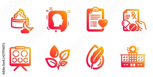 Prescription drugs, Patient history and Night cream line icons set. Plants watering, Head and Vision board signs. Hypoallergenic tested, Hospital building symbols. Pills, Medical survey. Vector