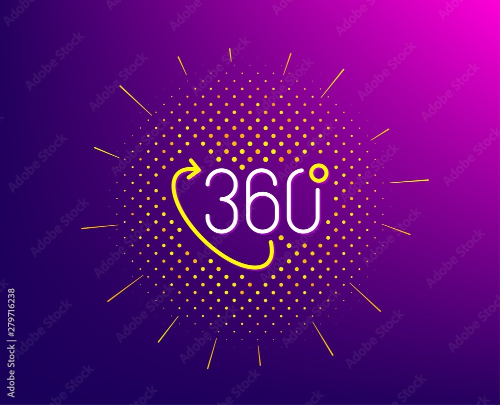 360 degree line icon. Halftone pattern. VR technology simulation sign. Panoramic view symbol. Gradient background. 360 degree line icon. Yellow halftone pattern. Vector 360 degree line icon. Halftone pattern. VR technology simulation sign. Panoramic view symbol. Gradient background. 360 degree line icon. Yellow halftone pattern. Vector