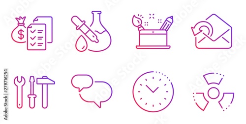 Send mail, Chemistry experiment and Creativity concept line icons set. Chat message, Spanner tool and Accounting wealth signs. Time management, Chemical hazard symbols. Gradient send mail icon. Vector