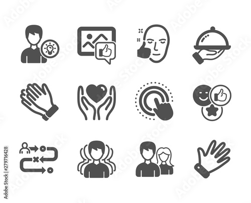 Set of People icons, such as Hold heart, Restaurant food, Journey path, Person idea, Group, Click hand, Like photo, Like, Clapping hands, Couple, Hand, Healthy face classic icons. Vector