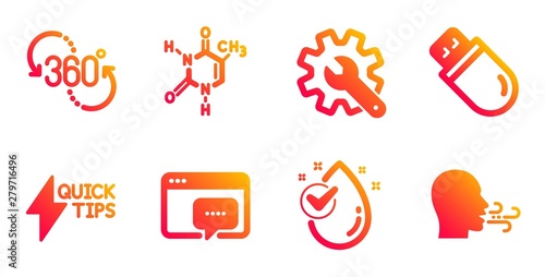 Chemical formula, Seo message and Water drop line icons set. Quickstart guide, Usb stick and 360 degree signs. Customisation, Breathing exercise symbols. Chemistry, Support chat. Science set. Vector