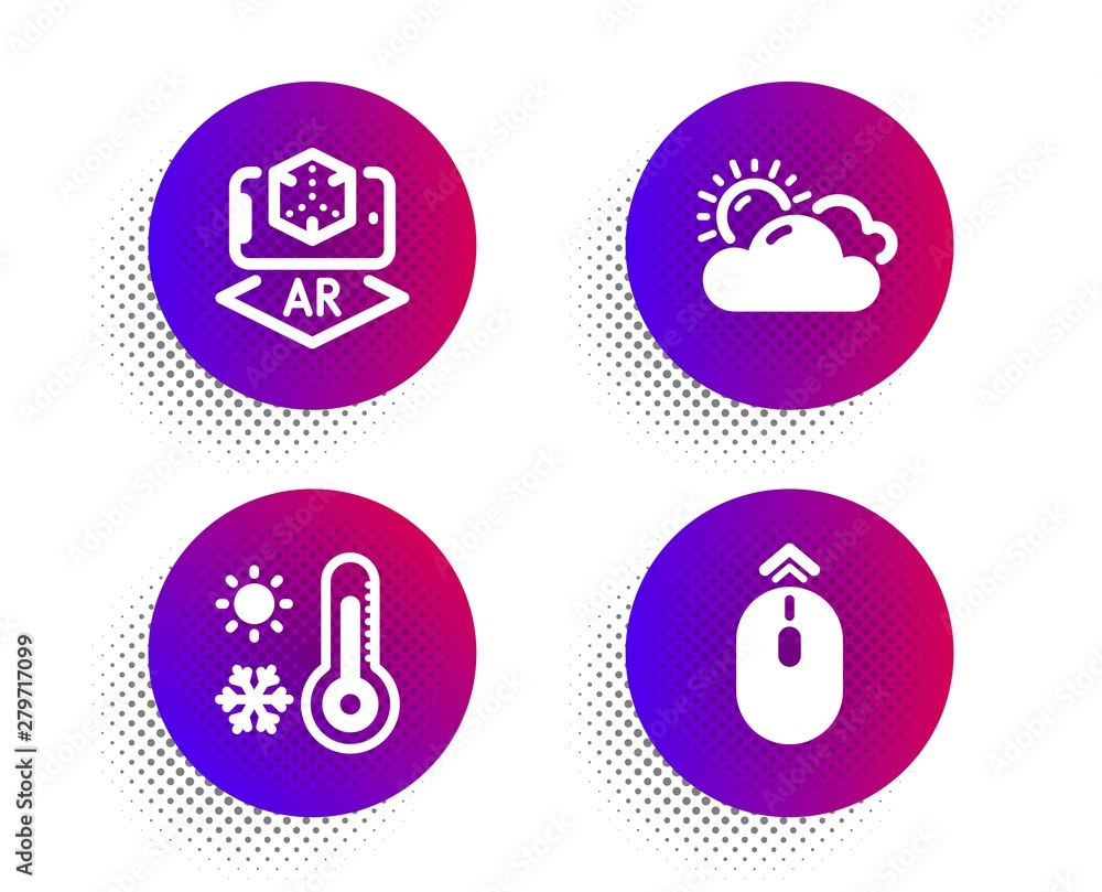 Augmented reality, Weather thermometer and Sunny weather icons simple set. Halftone dots button. Swipe up sign. Phone simulation, Temperature, Summer. Scrolling page. Science set. Vector Augmented reality, Weather thermometer and Sunny weather icons simple set. Halftone dots button. Swipe up sign. Phone simulation, Temperature, Summer. Scrolling page. Science set. Vector