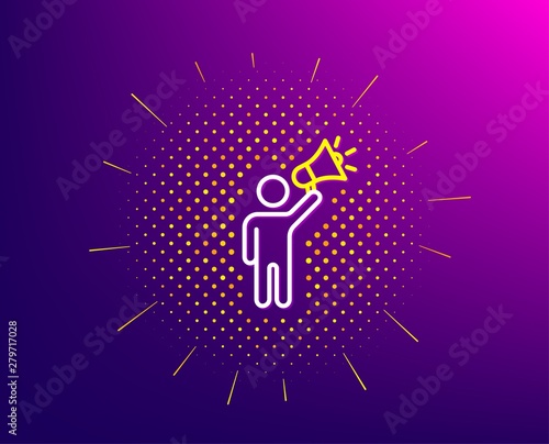 Brand ambassador line icon. Halftone pattern. Holding megaphone sign. Advertisement device symbol. Gradient background. Brand ambassador line icon. Yellow halftone pattern. Vector