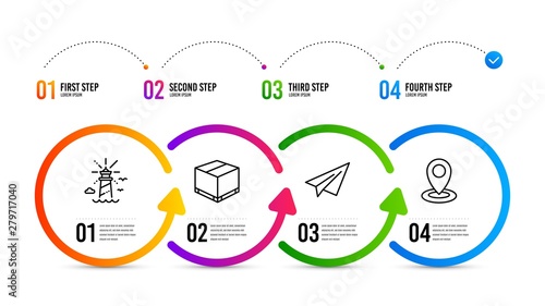 Location sign. Infographics timeline. Delivery box, Lighthouse and Paper plane line icons set. Cargo package, Navigation beacon, Airplane. Map pointer. Transportation set. Delivery box icon. Vector