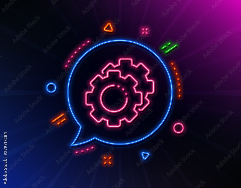 Settings gears line icon. Neon laser lights. Cogwheel sign. Working process symbol. Glow laser speech bubble. Neon lights chat bubble. Banner badge with settings gears icon. Vector Settings gears line icon. Neon laser lights. Cogwheel sign. Working process symbol. Glow laser speech bubble. Neon lights chat bubble. Banner badge with settings gears icon. Vector