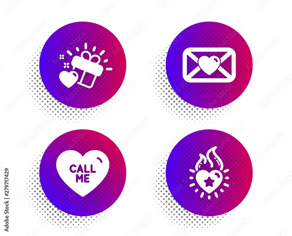 Valentine, Call me and Love gift icons simple set. Halftone dots button. Heart flame sign. Love letter, Heart. Love set. Classic flat valentine icon. Vector