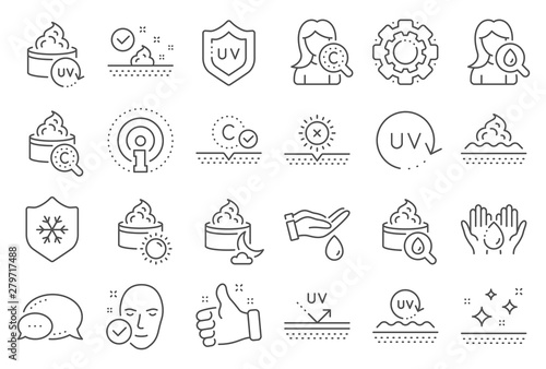 Skin care line icons. Collagen, Cream, Serum oil and Skincare. Face sun lotion gel, Uv protection, vitamin E icons. Night face skin care cream protection. Skincare cosmetic. Line signs set. Vector