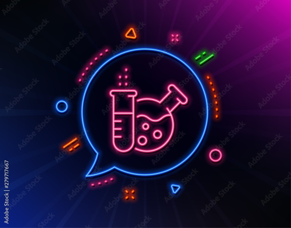 Chemistry lab line icon. Neon laser lights. Laboratory flask sign. Analysis symbol. Glow laser speech bubble. Neon lights chat bubble. Banner badge with chemistry lab icon. Vector Chemistry lab line icon. Neon laser lights. Laboratory flask sign. Analysis symbol. Glow laser speech bubble. Neon lights chat bubble. Banner badge with chemistry lab icon. Vector