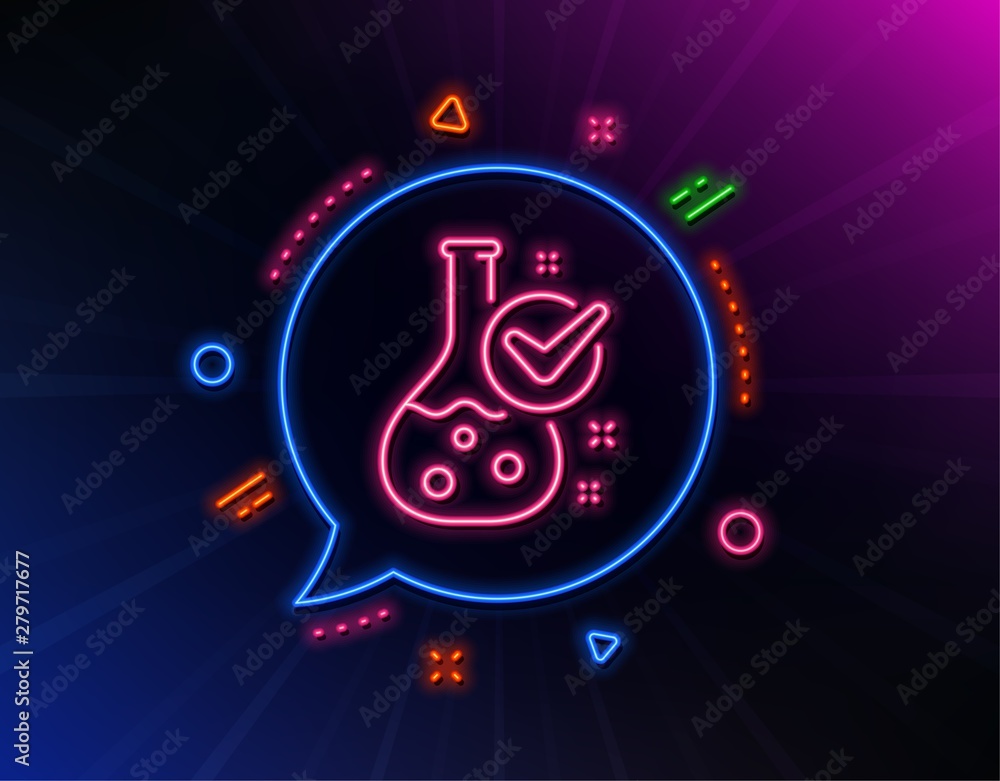 Chemistry lab line icon. Neon laser lights. Laboratory flask sign. Analysis symbol. Glow laser speech bubble. Neon lights chat bubble. Banner badge with chemistry lab icon. Vector