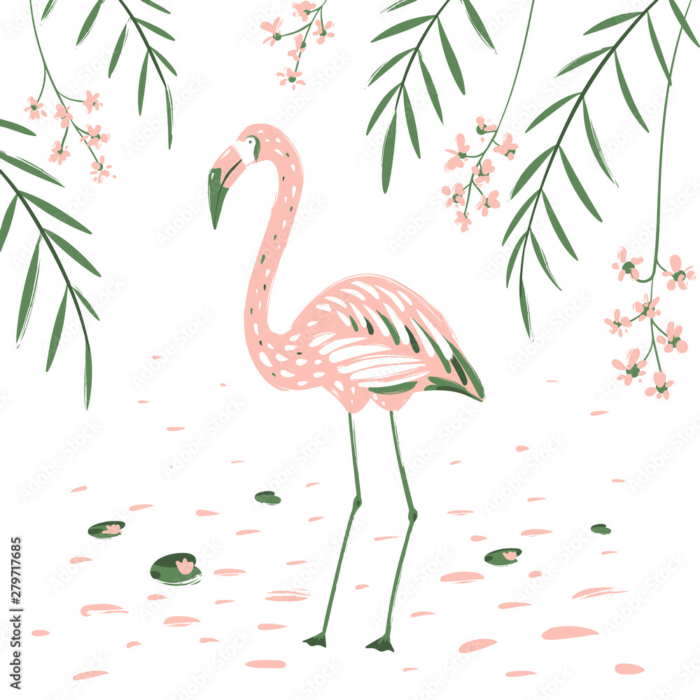 Obraz premium Pink Flamingo on the background of flowers and tropical leaves. Illustration in cartoon style