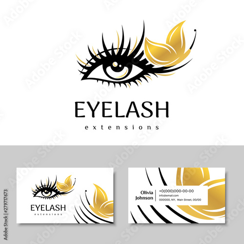 Branding for salon eyelash extension, shop cosmetic products, lashmaker, stylist. Logo and business card. Makeup with Golden butterfly. Vector illustration in a modern style