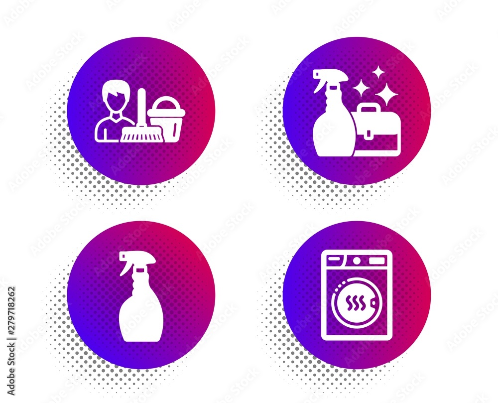 Cleanser spray, Cleaning service and Spray icons simple set. Halftone dots button. Dryer machine sign. Washing liquid, Bucket with mop, Washing cleanser. Laundry. Cleaning set. Vector Cleanser spray, Cleaning service and Spray icons simple set. Halftone dots button. Dryer machine sign. Washing liquid, Bucket with mop, Washing cleanser. Laundry. Cleaning set. Vector