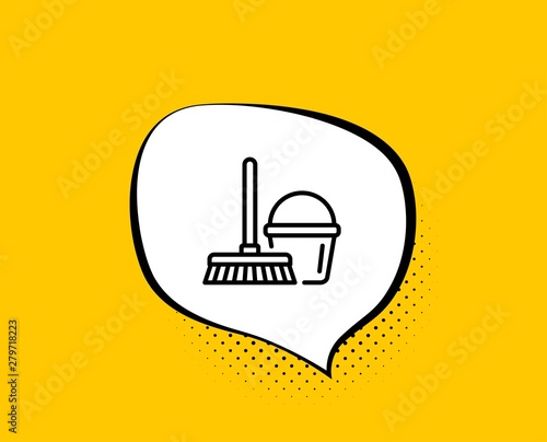 Cleaning bucket with mop line icon. Comic speech bubble. Washing Housekeeping equipment sign. Yellow background with chat bubble. Bucket with mop icon. Colorful banner. Vector