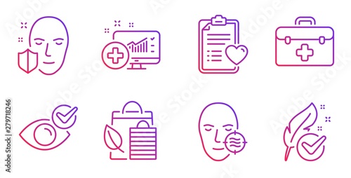 Check eye, Patient history and Medical analytics line icons set. Problem skin, Bio shopping and Face protection signs. First aid, Hypoallergenic tested symbols. Vision, Medical survey. Vector