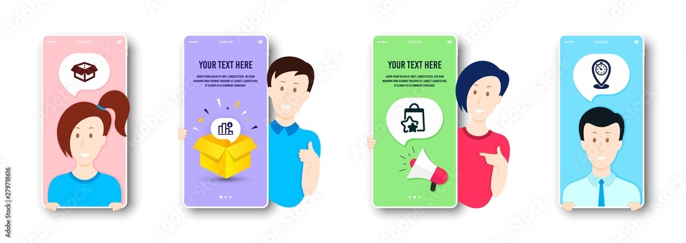 Decreasing graph, Loyalty points and Open box icons simple set. People on phone screen. Timer sign. Crisis chart, Bonus bags, Delivery package. Location pointer. Business set. Vector