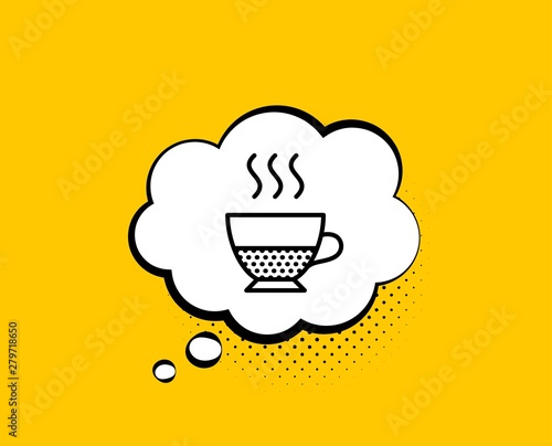 Doppio coffee icon. Comic speech bubble. Hot drink sign. Beverage symbol. Yellow background with chat bubble. Doppio icon. Colorful banner. Vector