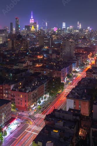 Aerial view on First avenue in Manhattan at night with long exposure