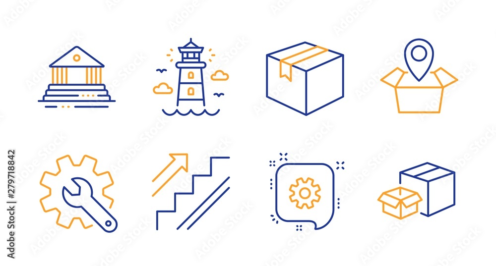 Fototapeta premium Court building, Parcel and Package location line icons set. Lighthouse, Cogwheel and Customisation signs. Stairs, Packing boxes symbols. Government house, Shipping box. Industrial set. Vector