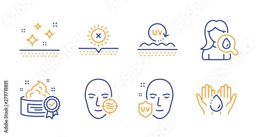 No sun, Problem skin and Clean skin line icons set. Uv protection, Uv protection and Moisturizing cream signs. Cream, Wash hands symbols. Facial care, Ultraviolet. Beauty set. Line no sun icon. Vector