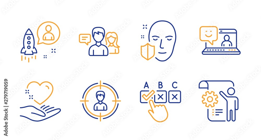 Fototapeta premium Hold heart, Smile and People talking line icons set. Startup, Face protection and Correct checkbox signs. Headhunting, Settings blueprint symbols. Care love, Laptop feedback. People set. Vector