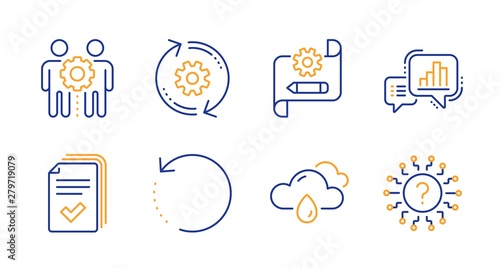 Employees teamwork, Cogwheel blueprint and Handout line icons set. Rainy weather, Recovery data and Graph chart signs. Cogwheel, Question mark symbols. Collaboration, Edit settings. Vector