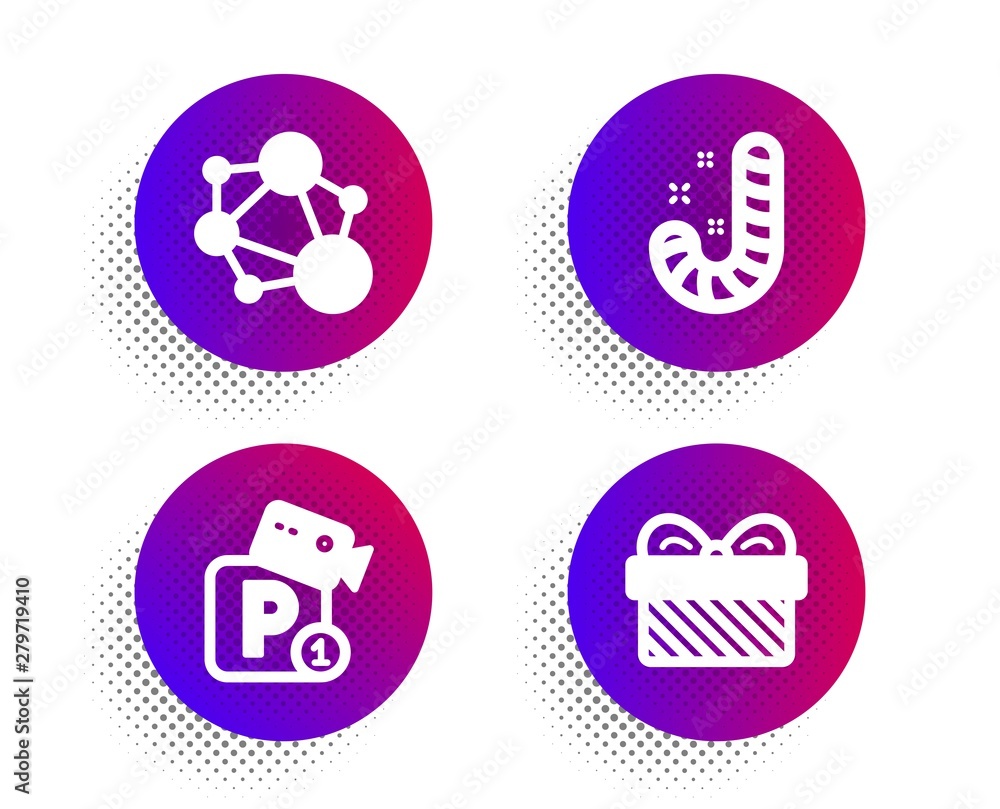 Integrity, Candy and Parking security icons simple set. Halftone dots button. Gift sign. Social network, Lollypop, Video camera. Present. Business set. Classic flat integrity icon. Vector