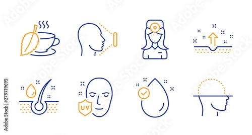 Uv protection, Serum oil and Mint tea line icons set. Face id, Clean skin and Oculist doctor signs. Vitamin e, Face scanning symbols. Ultraviolet, Healthy hairs. Medical set. Vector