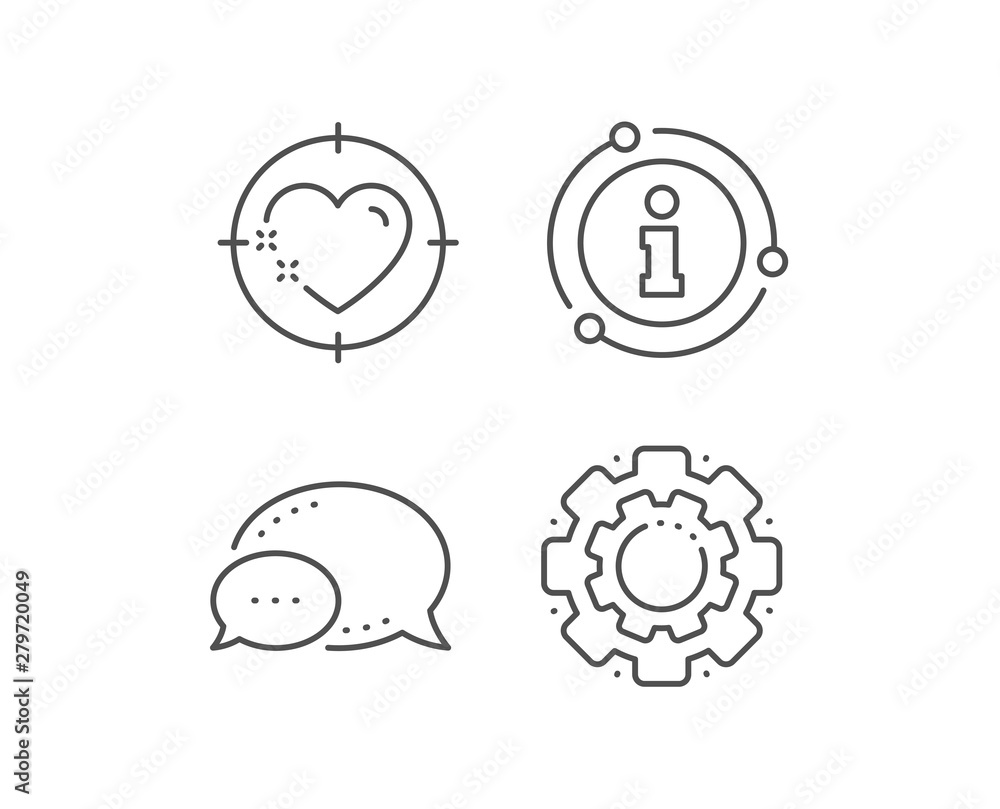 Heart target line icon. Chat bubble, info sign elements. Love emotion aim sign. Valentine day symbol. Linear heart target outline icon. Information bubble. Vector Heart target line icon. Chat bubble, info sign elements. Love emotion aim sign. Valentine day symbol. Linear heart target outline icon. Information bubble. Vector